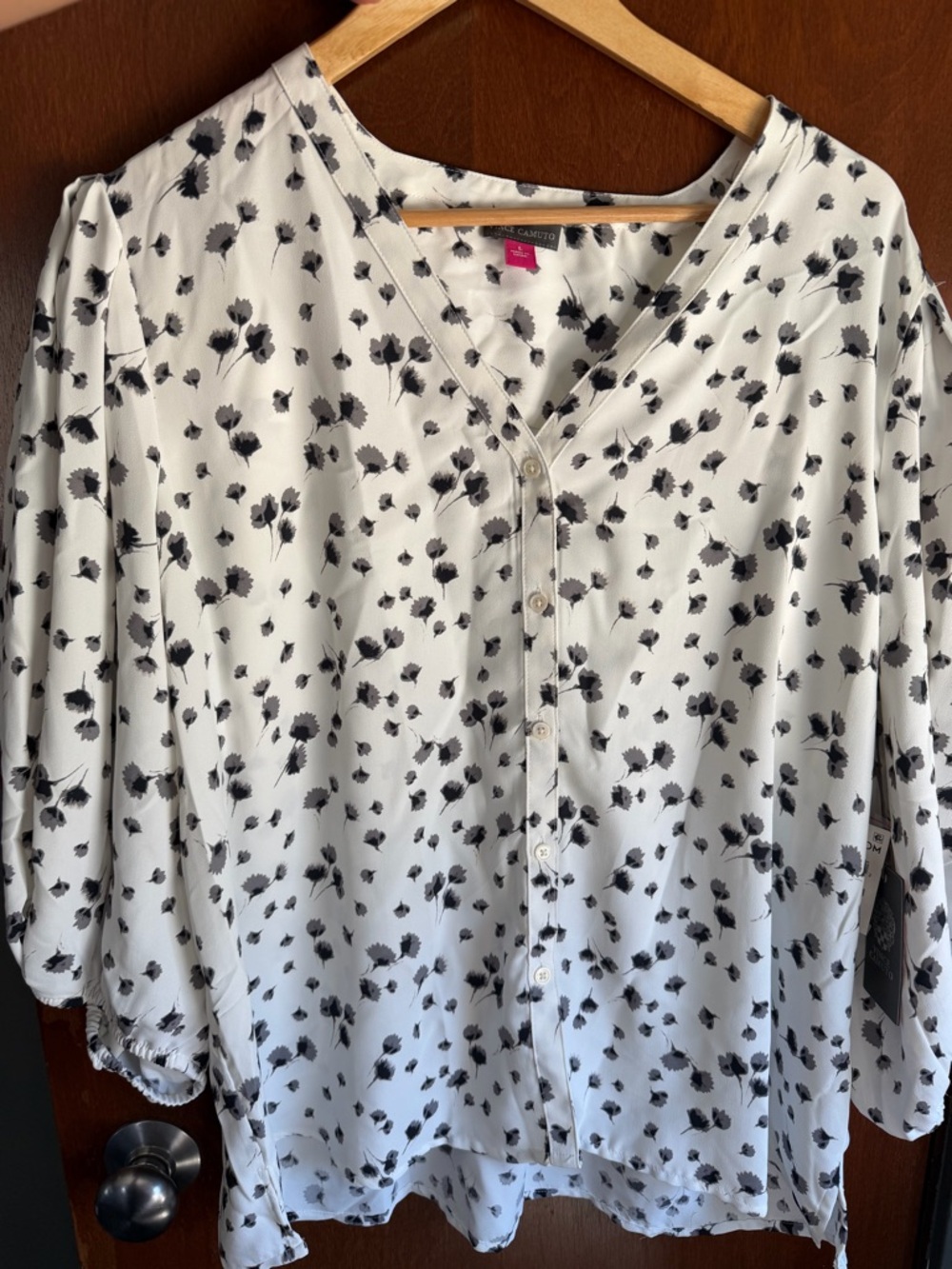 Vince Camuto White Button-Down Blouse with Black Floral Print